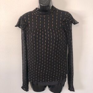 Walter Baker black and metallic gold mock neck ruffle accent semi sheer top s